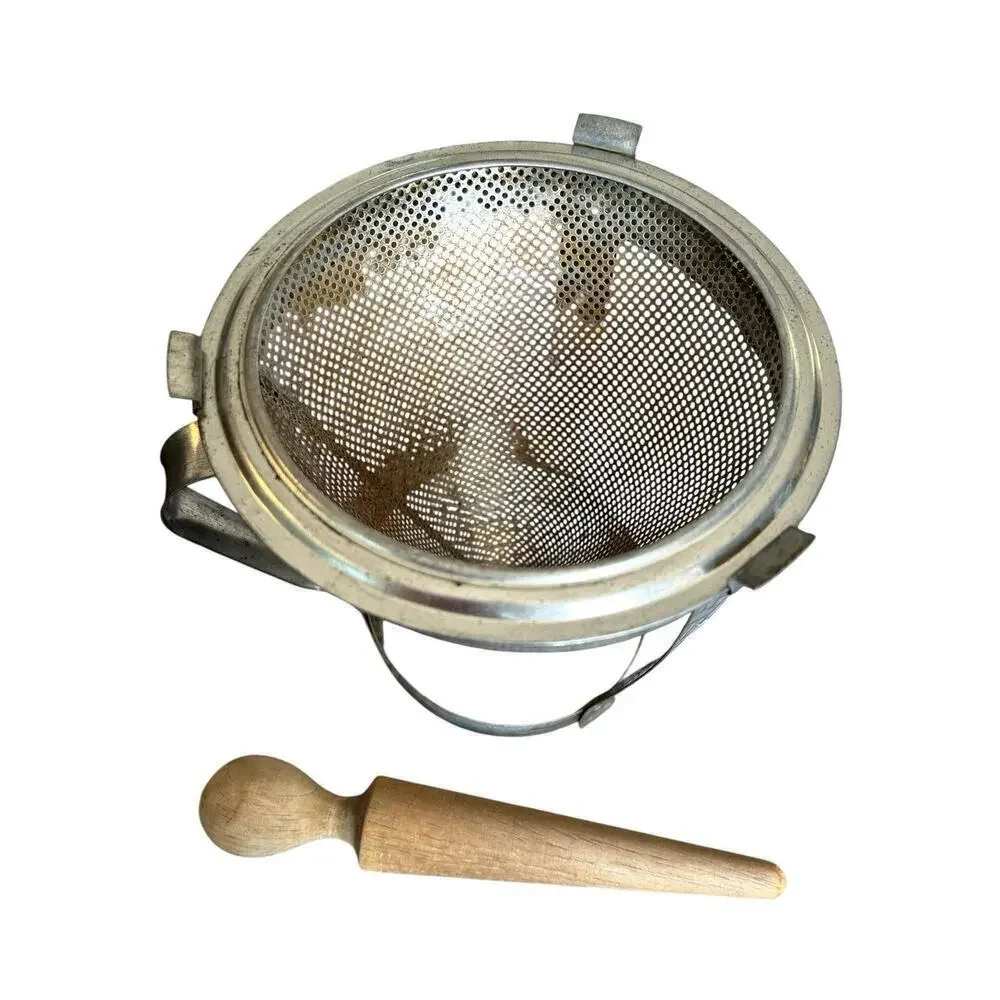 Antique Cone Sieve Food Mill Strainer on Tripod w Wood Pestle Masher some rust